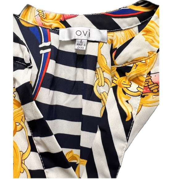 OVI Stripes and Chains Ruffle Sleeve V-Neck Blouse in Size L (Navy Blue/White) - Picture 2 of 3